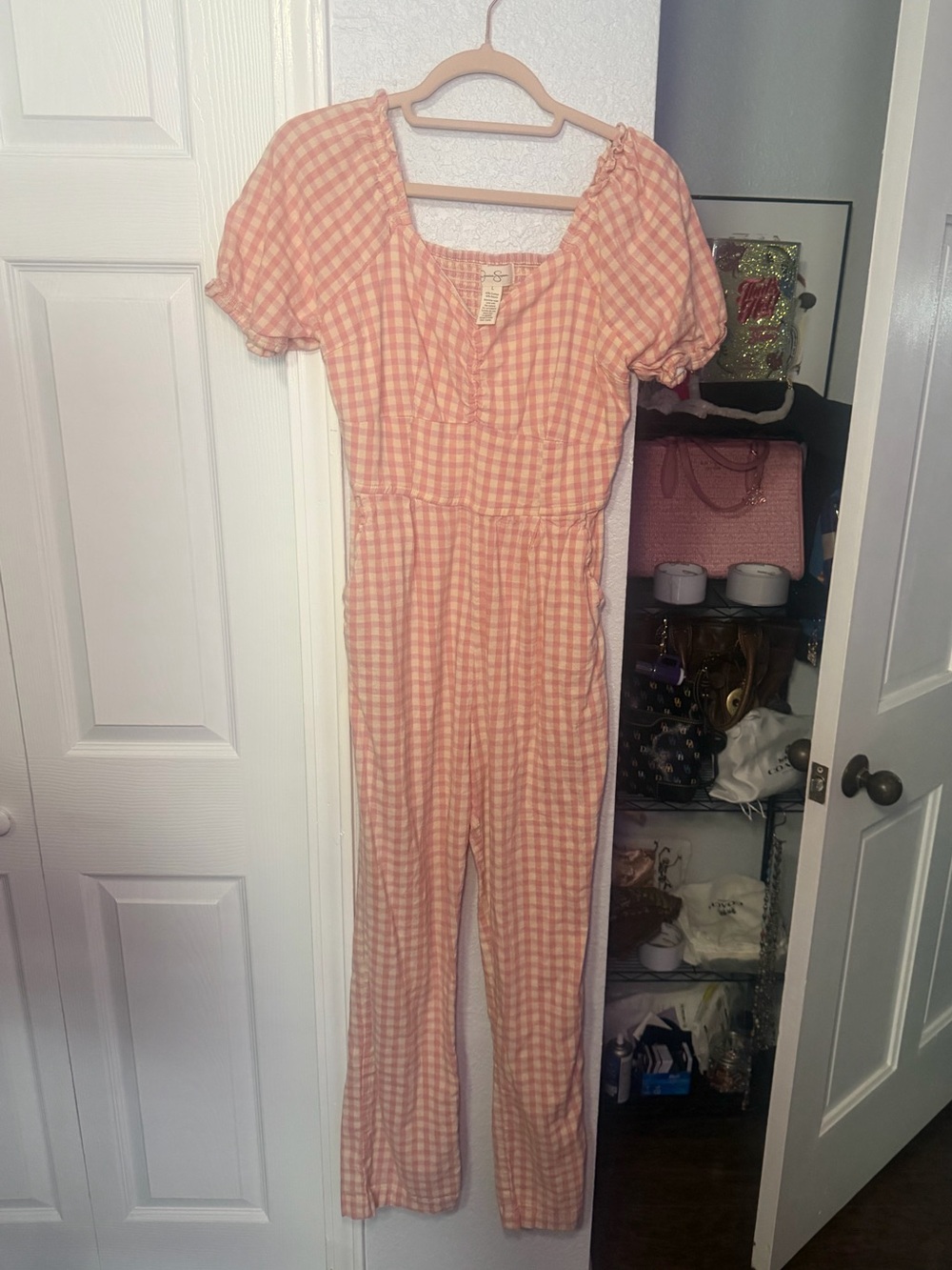 Jessica Simpson Pink Gingham Puff-Sleeve Jumpsuit